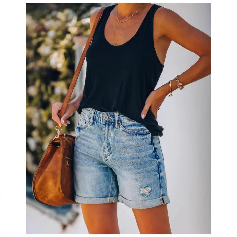 Women's Trade Temperament Leisure Ripped Curling Cropped Shorts