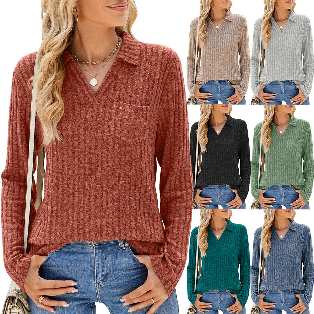 Women's Solid Color Polo Collar Pocket Long Sleeve Tops