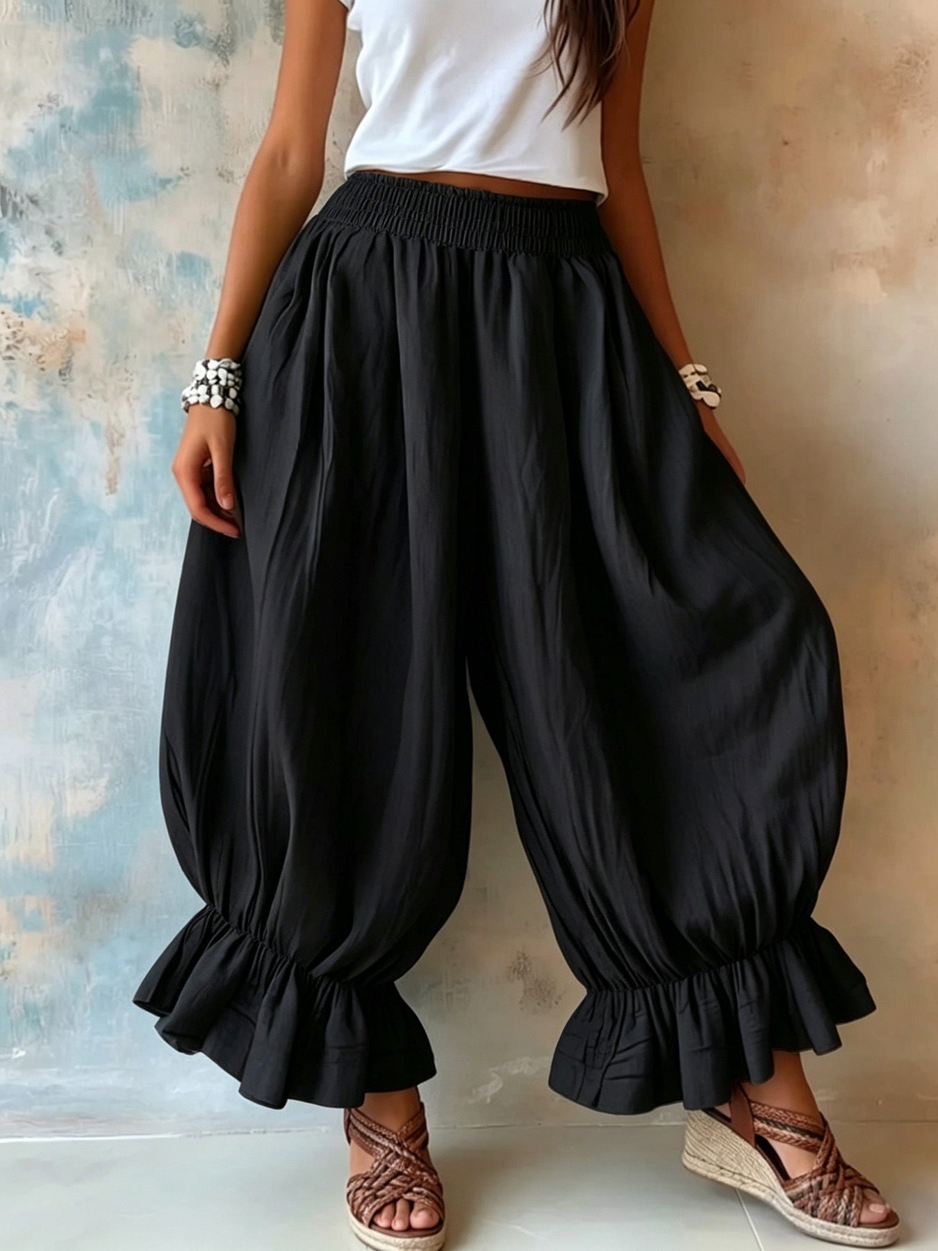Women's Summer Loose Cotton Linen Ruffled Bloomers Casual Pants