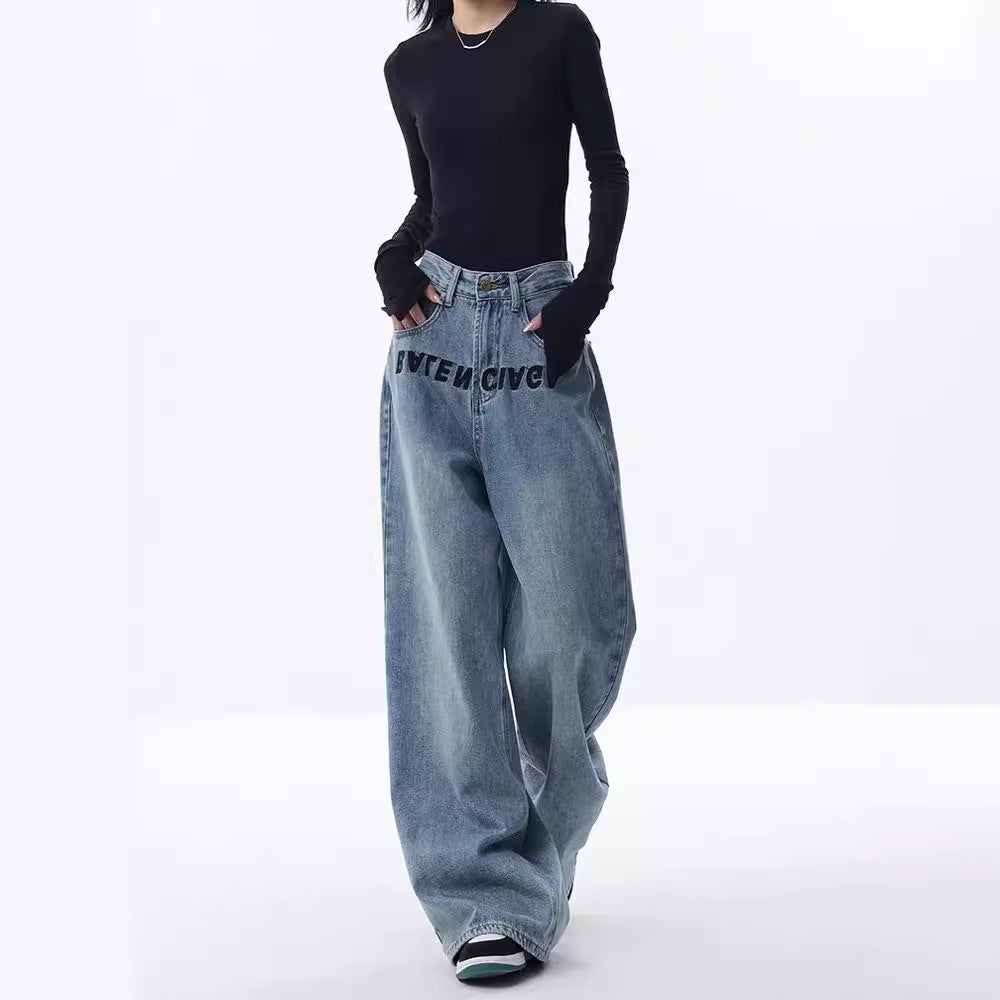 Women's Blue Embroidered Design Loose Mopping Floor Women's Jeans