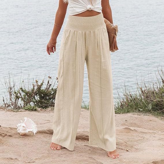 Women's Solid Color Elastic Waist Wide Leg Trousers Casual Pants