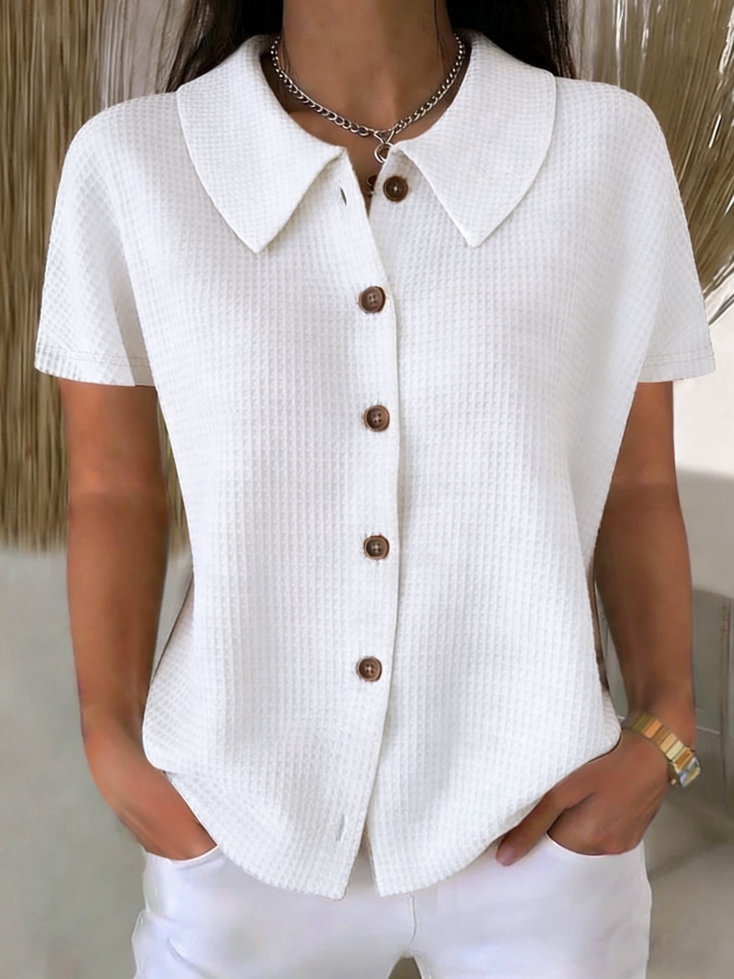 Fashion Elegant Lapel Waffle Solid Color Casual Sleeve Shorts