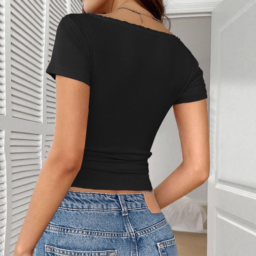 Women's Button Lace Slim Fit Fashion Wear Women's T-shirt