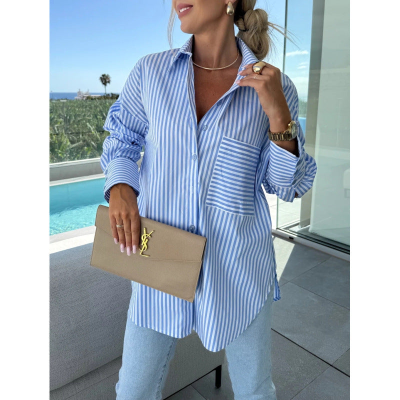 Women's Pocket Striped Long Sleeve Shirt Clothing
