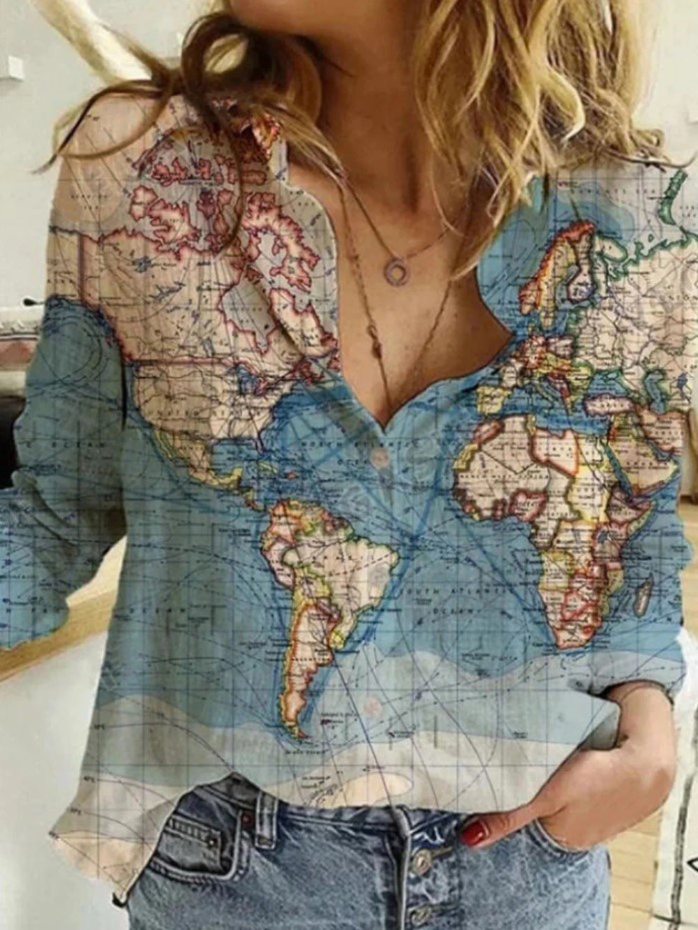 Women's Shirt Map Depicting Printed Long-sleeved Blouse