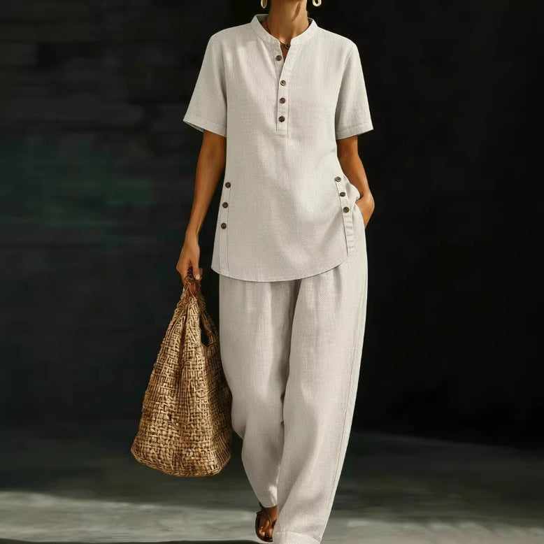 Button Shirt Wide Leg Linen Two-piece Fashion Casual Suit