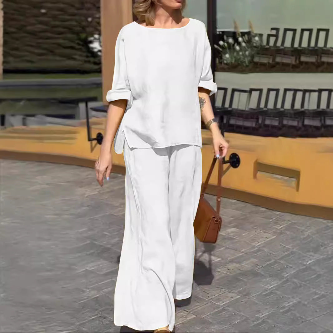 Women's Cotton Linen Solid Color Loose Trousers Suits