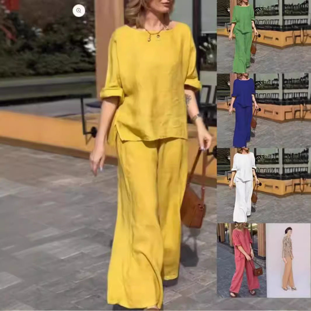 Women's Cotton Linen Solid Color Loose Trousers Suits