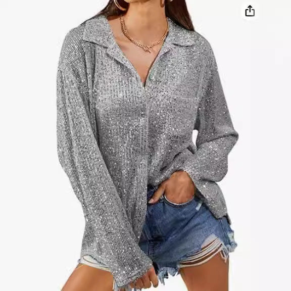 Women's Fashionable Sequins Long Sleeve Lapel Temperament Leisure Blouse
