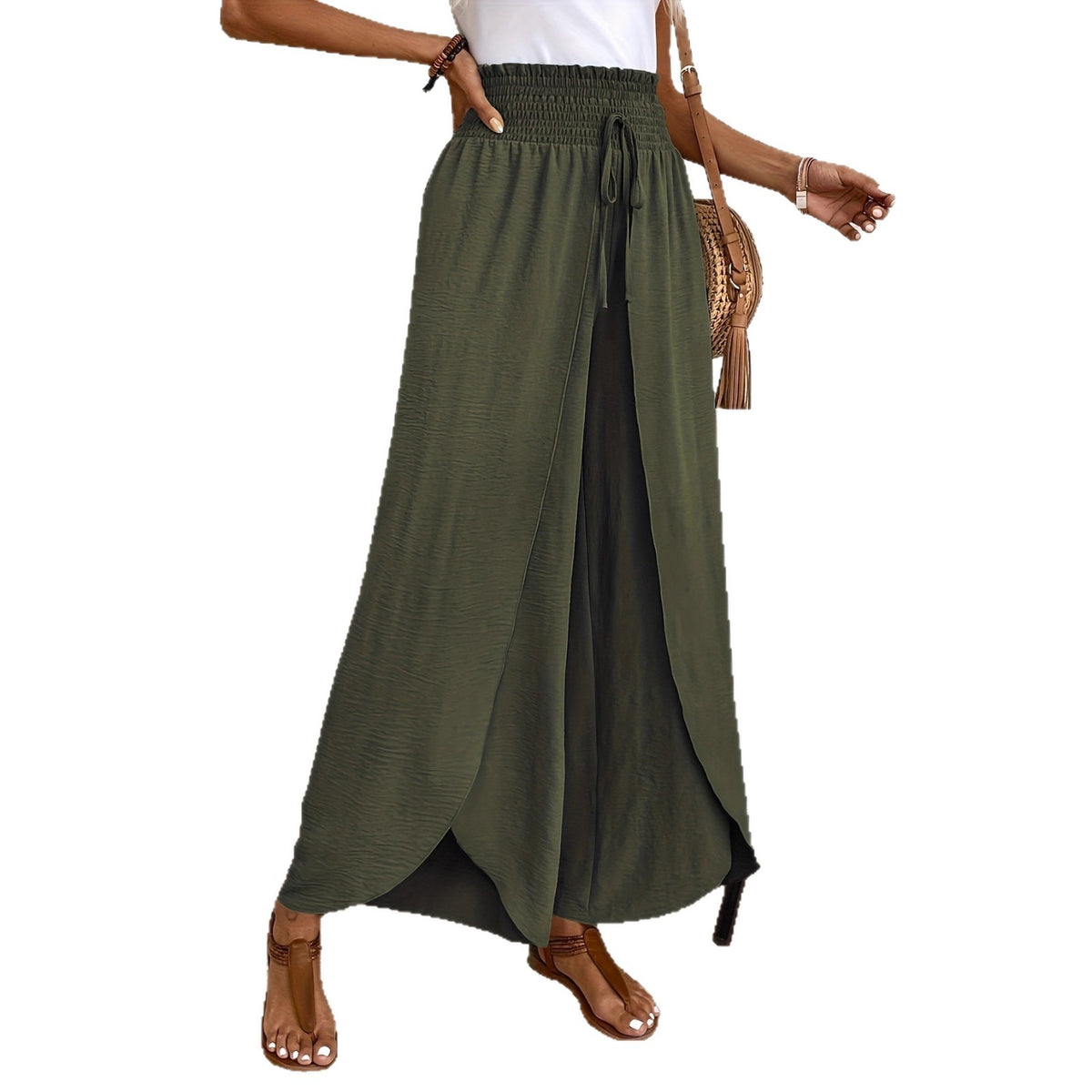 Women's Elegant Split Trousers Loose Waist Drawstring Casual Pants