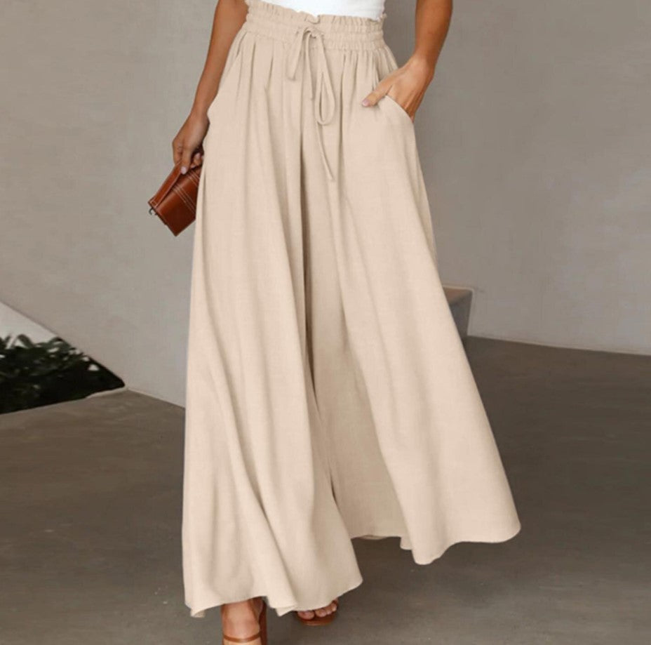 Women's Summer Elastic Waistband Wide Leg High Waist Long Culottes Casual Pants