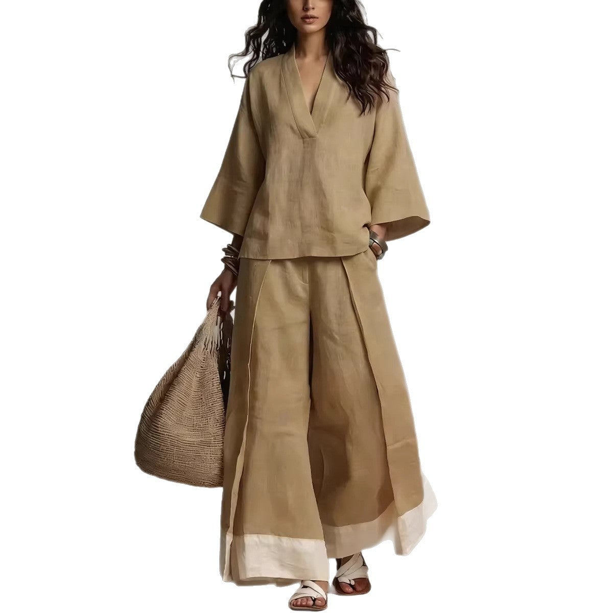 Women's Cotton Linen French Style Three-quarter Sleeve Shirt Contrast Color Suits