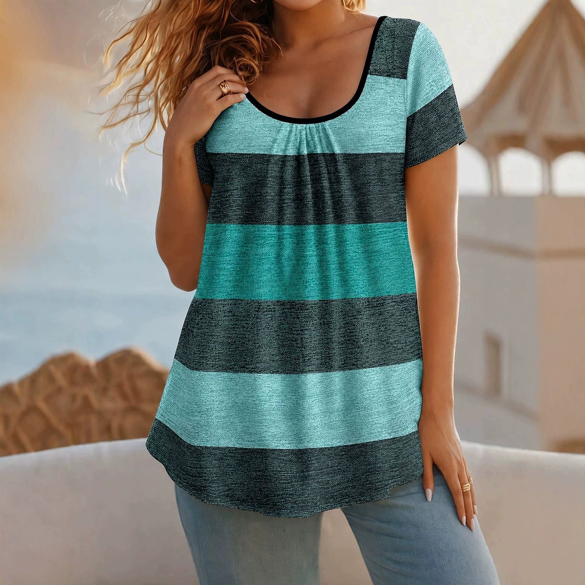 Women's Front Chest Pleated Elegant Sleeve Color Large Size T-shirt
