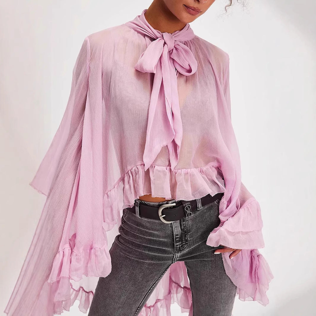 Oversized Swing Bow Tie Belt Printed Lantern Sleeve Personalized Lace Shirt, Chiffon Shirt