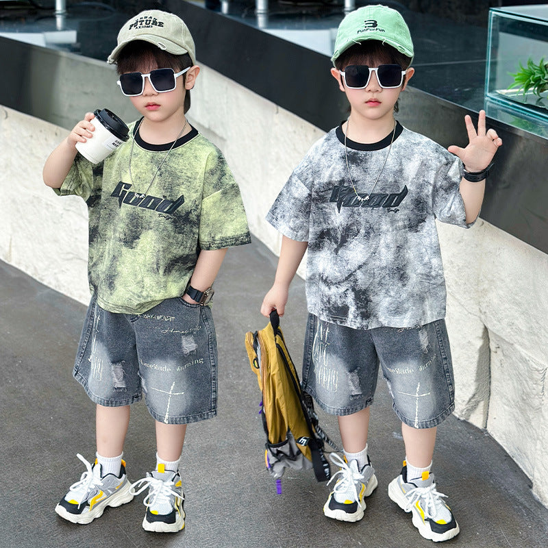 Children's Boy Summer Clothing Short-sleeved Thin Letter T-shirt Two-piece Children's Suit