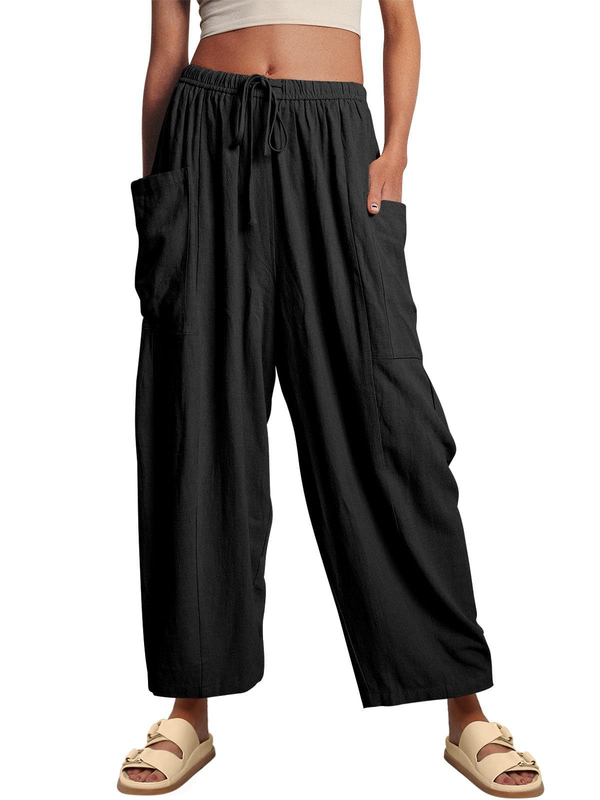 Women's Waist High Wide Leg Loose Cotton Linen Trousers Pants