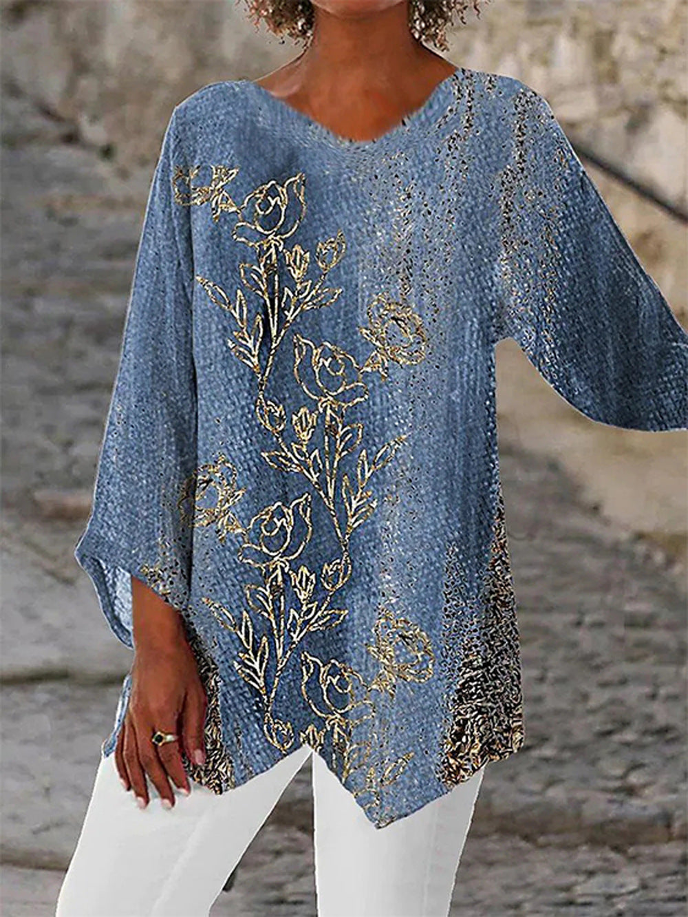 Women's Leisure Loose Irregular Printed Long Sleeve Tops
