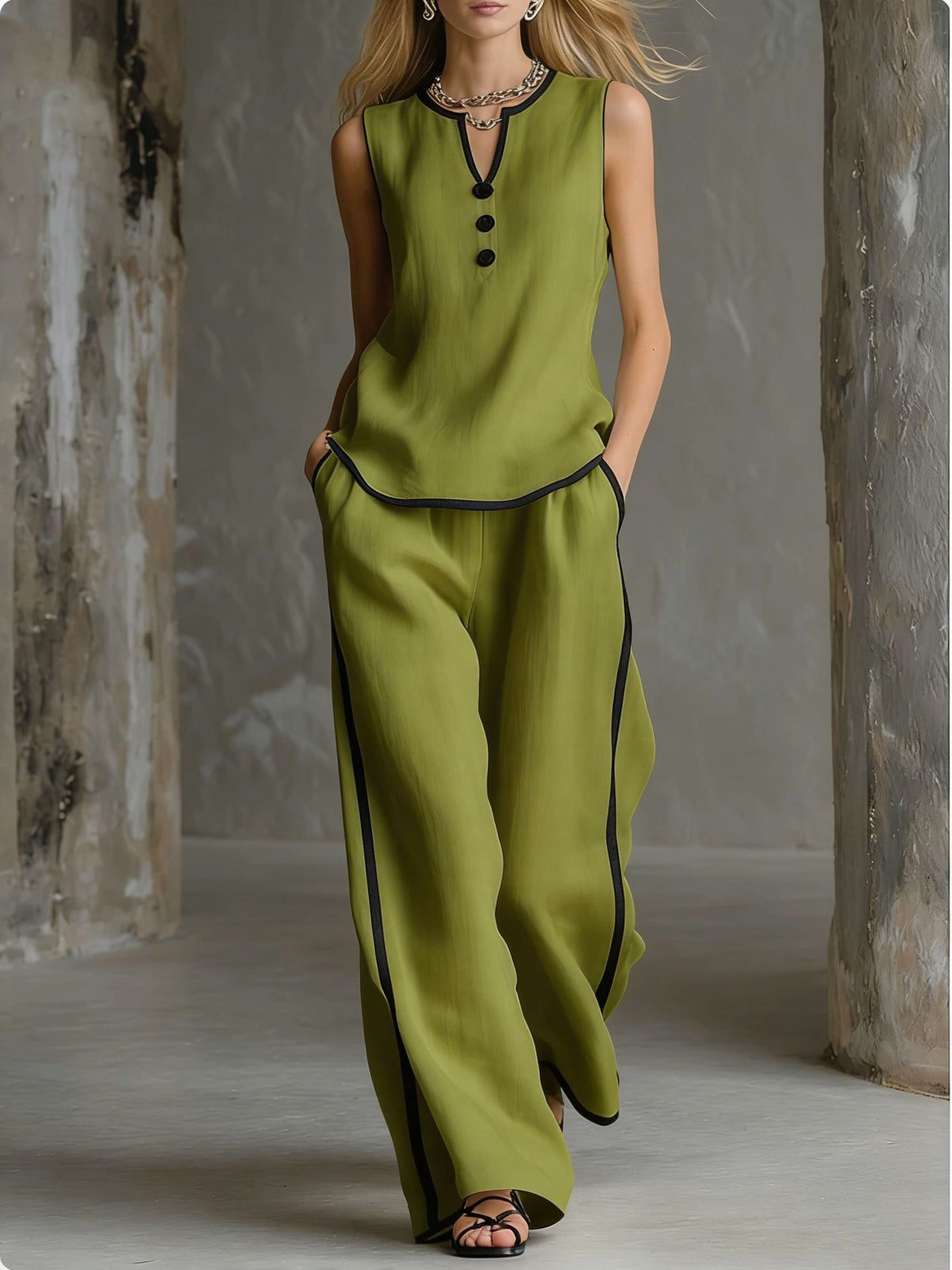 Color Trim Sleeveless Wide Leg Two-piece Pants