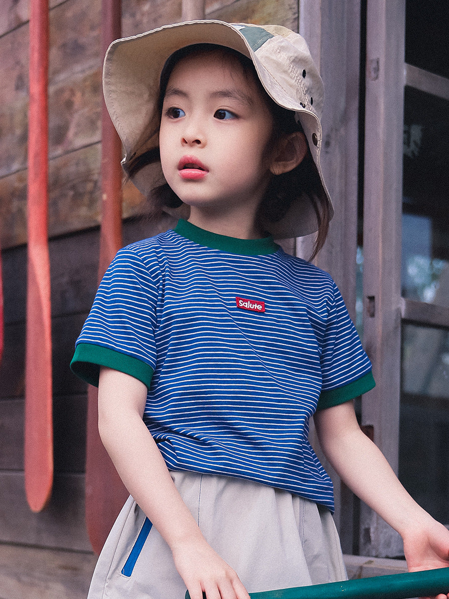 Children's Striped Short Sleeve Summer Outdoor Style Contrast Color Dopamine Half Children's T-shirt