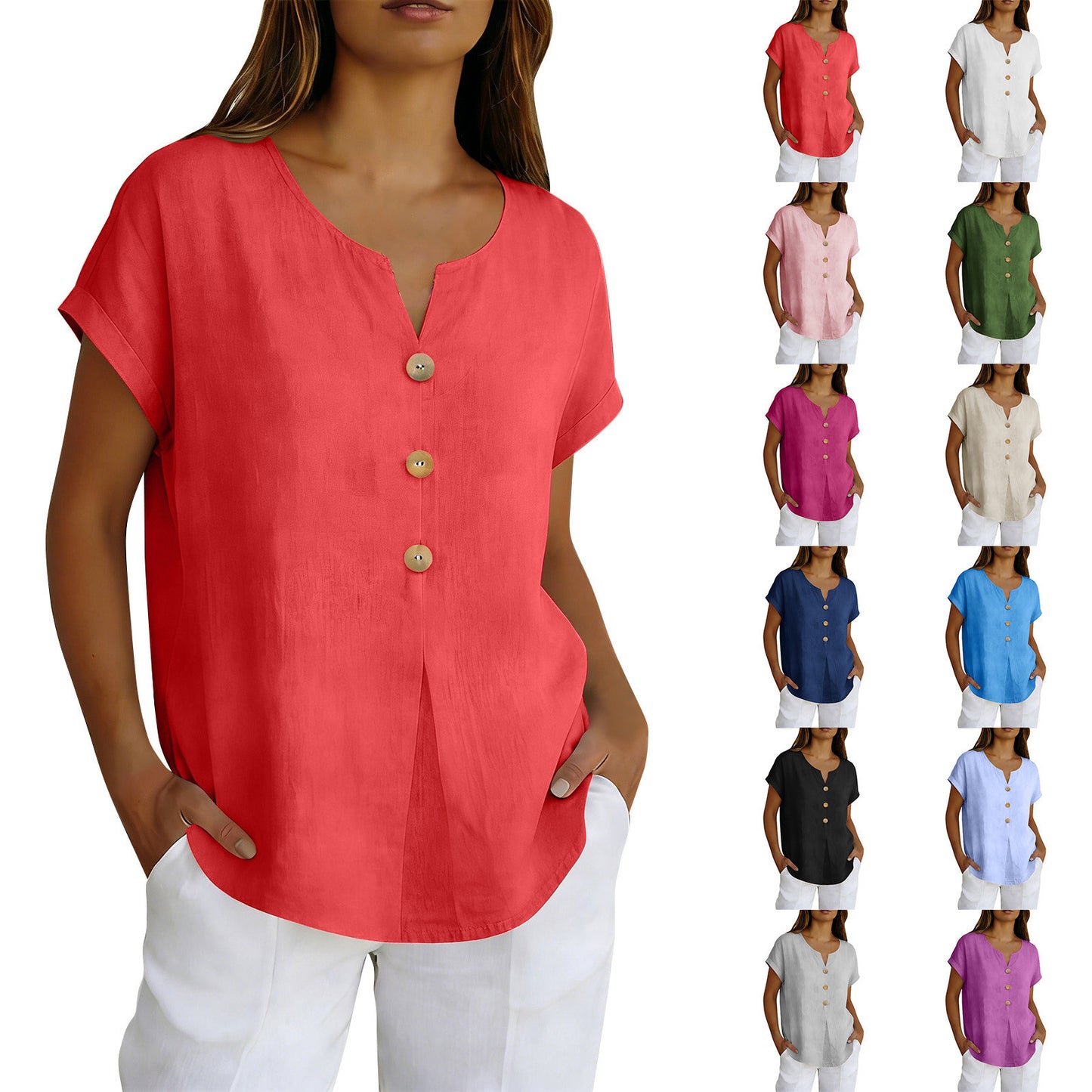 Women's Summer Solid Color Fashion Sleeve Button Cotton Linen Women's T-shirt