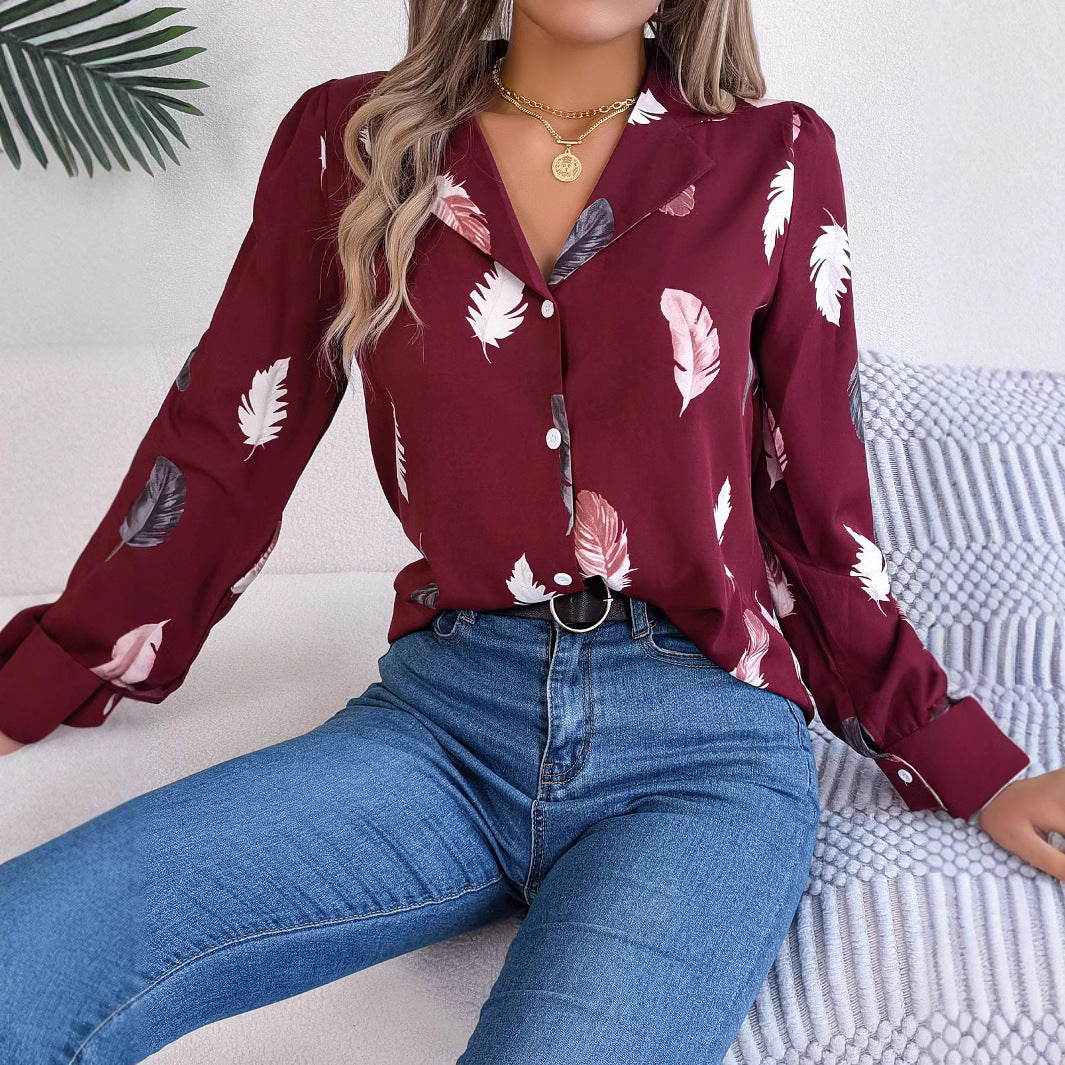Women's Elegant Feather Print Collar Long Sleeve Lace Shirt, Chiffon Shirt