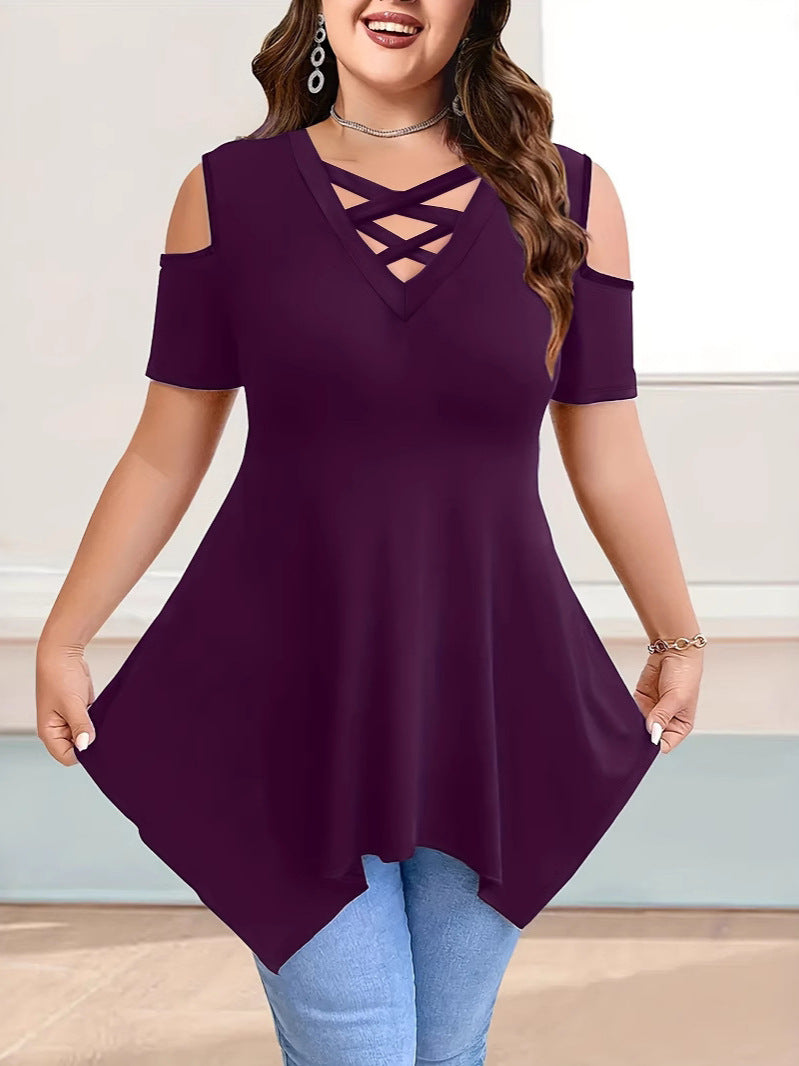 Women's Collar Cross Strap Sleeve Solid Color Tops
