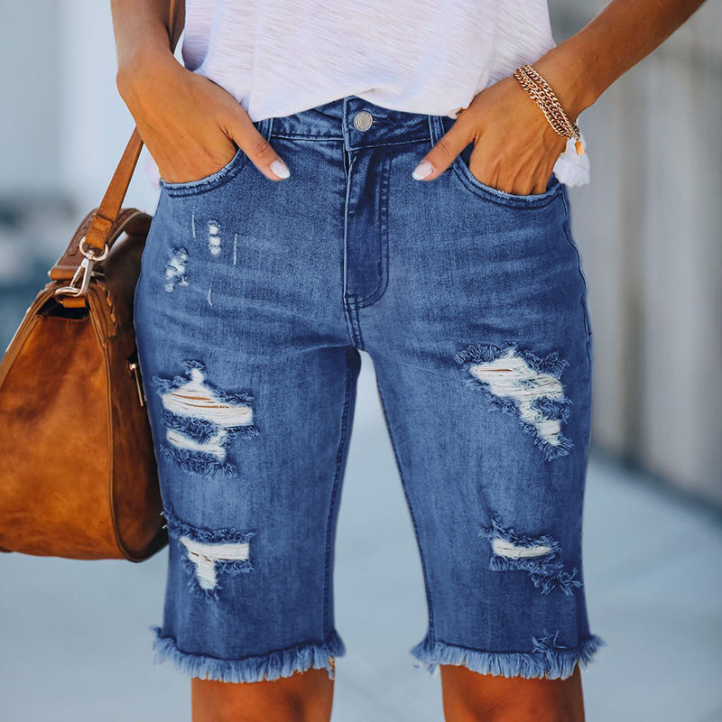 Women's Tassel High Elastic Skinny Cropped Ripped Pants