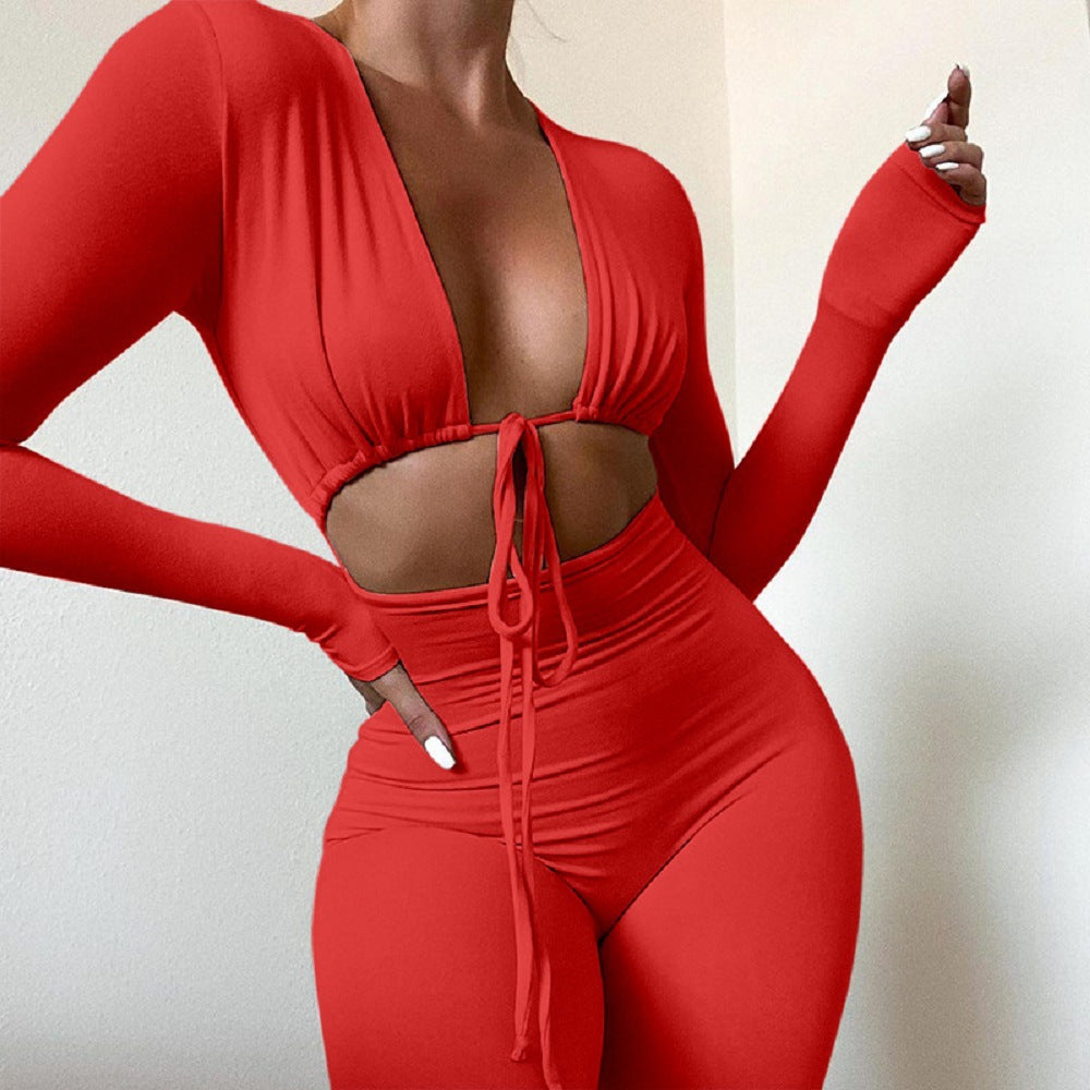 Women's Sexy Navel Cutout Long Sleeve Slim Fit Casual Pants