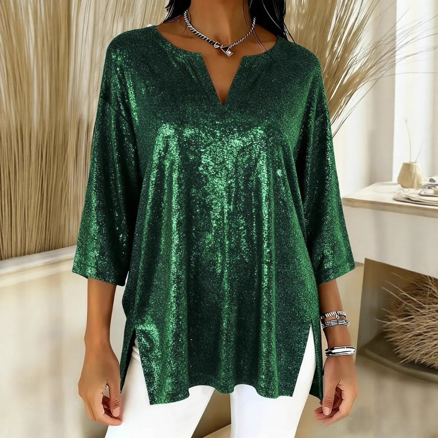 Women's Shiny Loose Long Sleeve Split Cropped Tops
