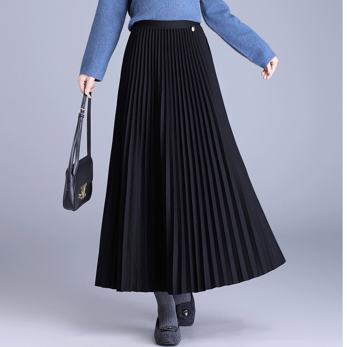 Thick Wool Pleated Female Dress High Waist Drape Elastic Skirts