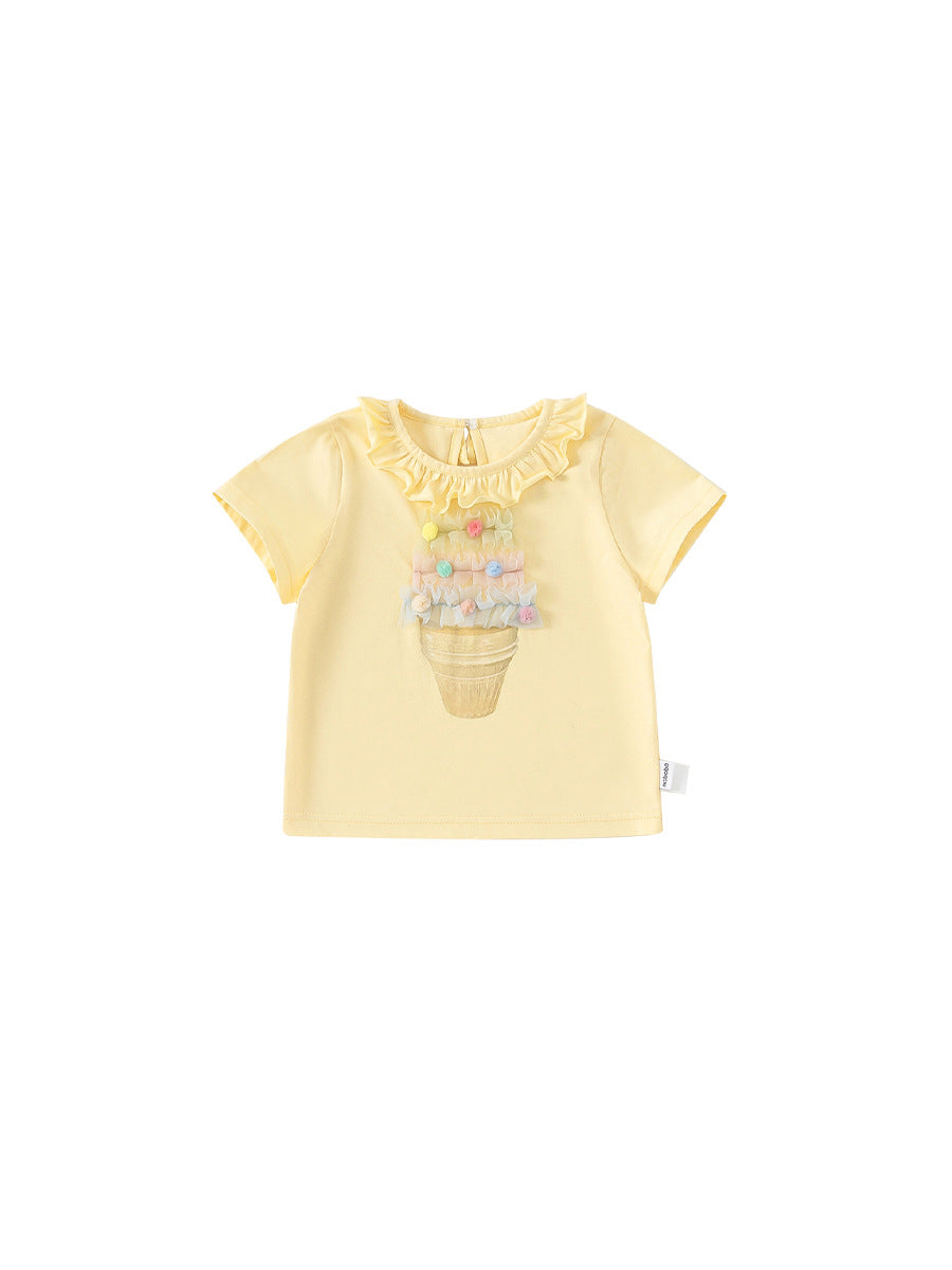 Children's Top Summer Lace Collar Printed Hairy Ball Female Little Short Children's T-shirt