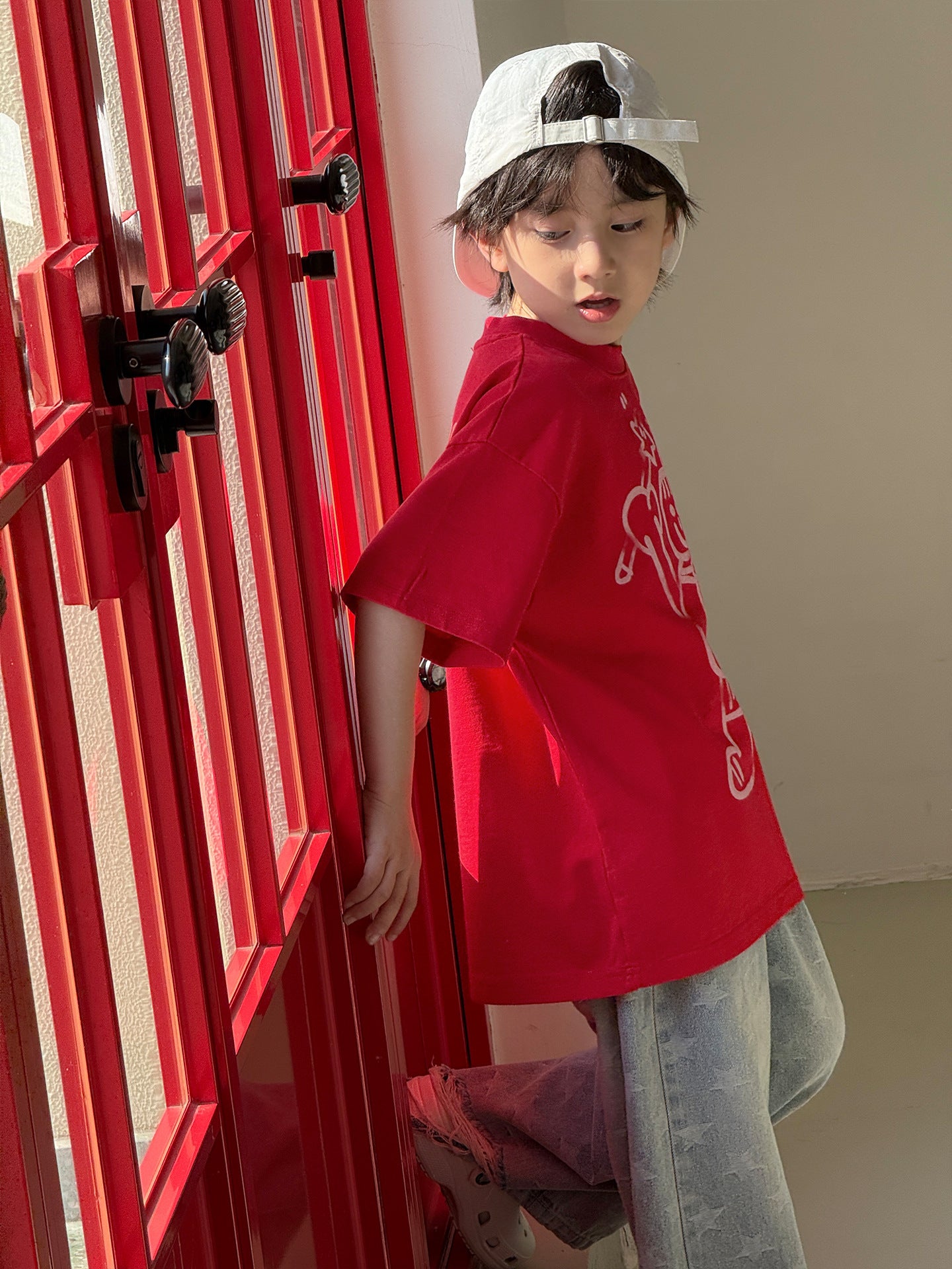 Children's Korean Style Cartoon Contrast Color Snowman Print Short Sleeve Casual Children's T-shirt