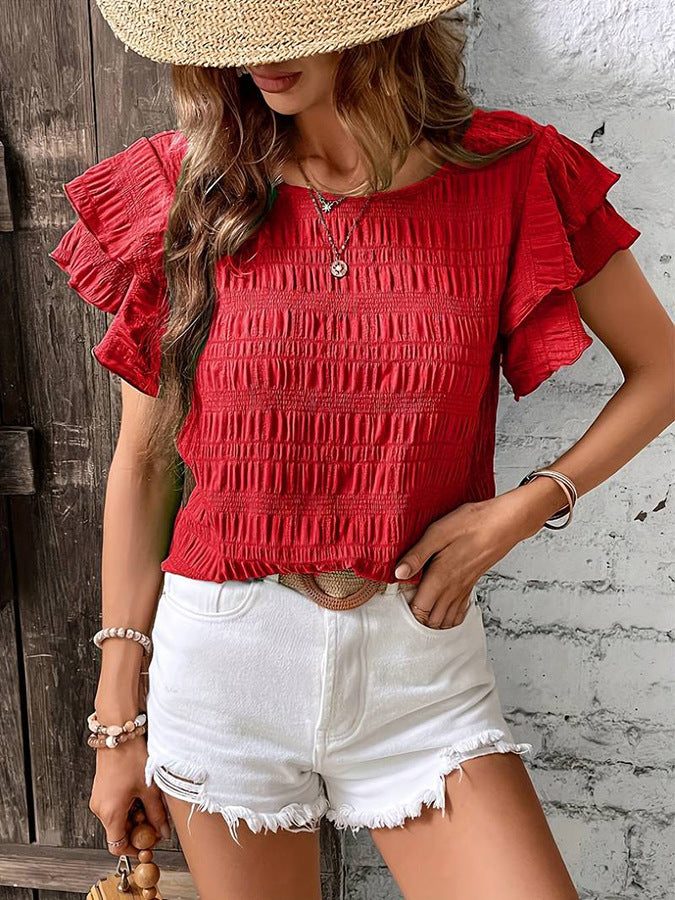 Women's Round Neck Double Ruffle Sleeve Casual Tops