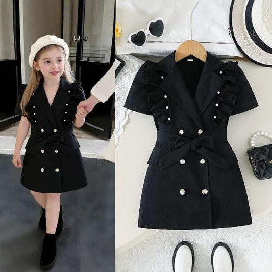 Suit Collar Stringy Seedge Summer Black Children's Dress