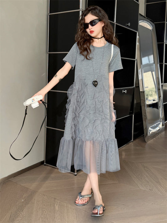 Gray Mesh Stitching For Middle Big Western Style T-shirt Children's Dress
