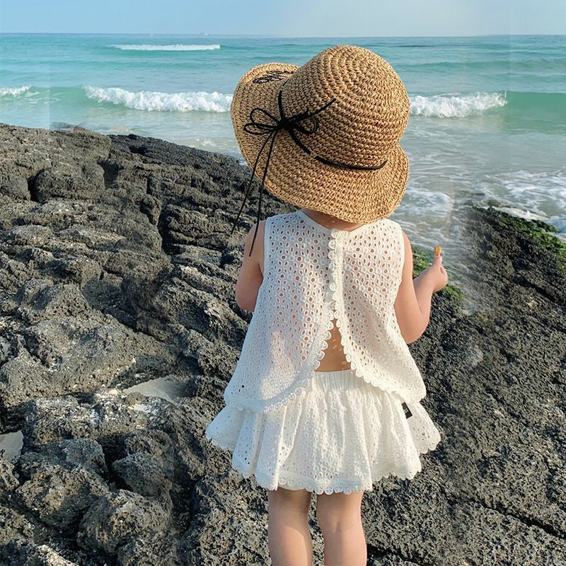 Summer Western Style Cool Popular Korean Hollow Lace Vest Short Children's Suit