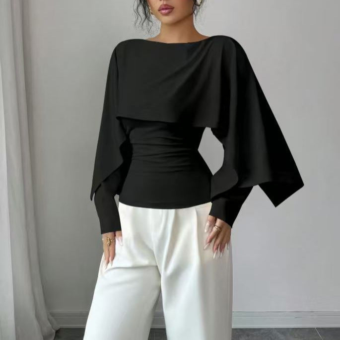 Style Black Round Neck Cape Design Lightly Mature Slimming Shorts