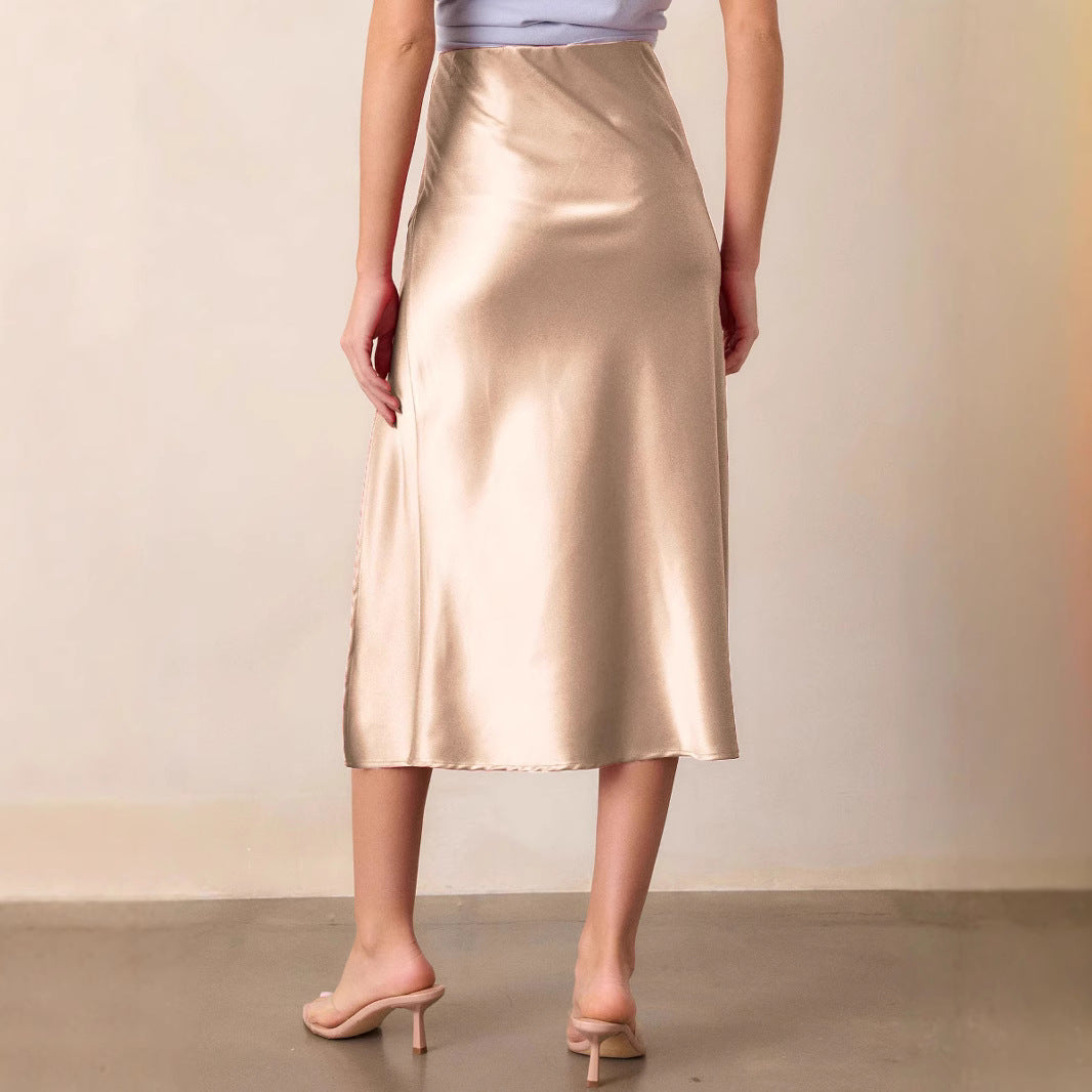 Women's Satin High Waist Elastic Oblique Slit Long Skirt