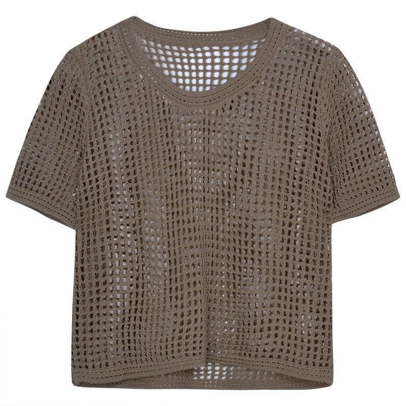 Women's Loose Sun Protection Shoulder Shirt Round Neck Mesh Hollow Women's T-shirt