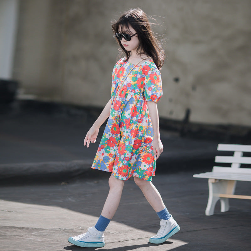 Summer Short Sleeve Printed Floral Skirt Medium Big Thin Wear Children's Dress