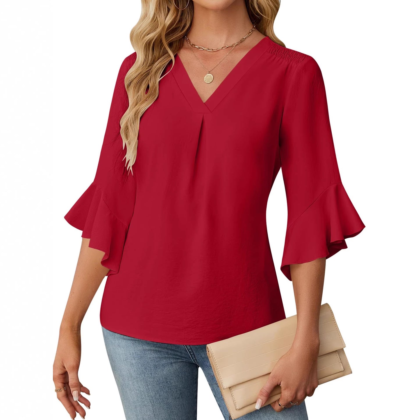 Women's Summer Cropped Smocking Ruffle Casual Lace Shirt, Chiffon Shirt