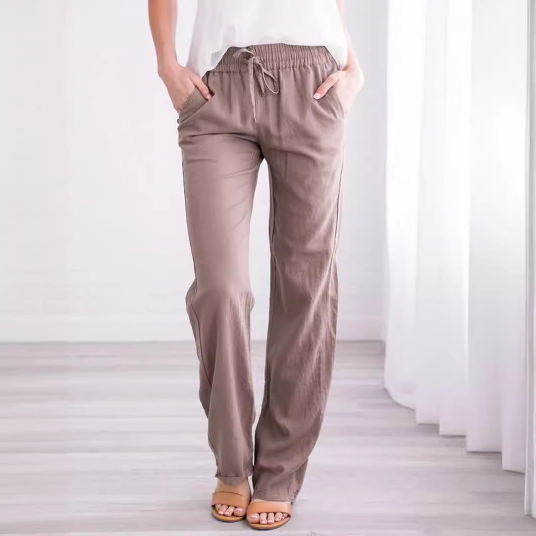 Women's Solid Color Cotton Linen Drawstring Loose Casual Pants