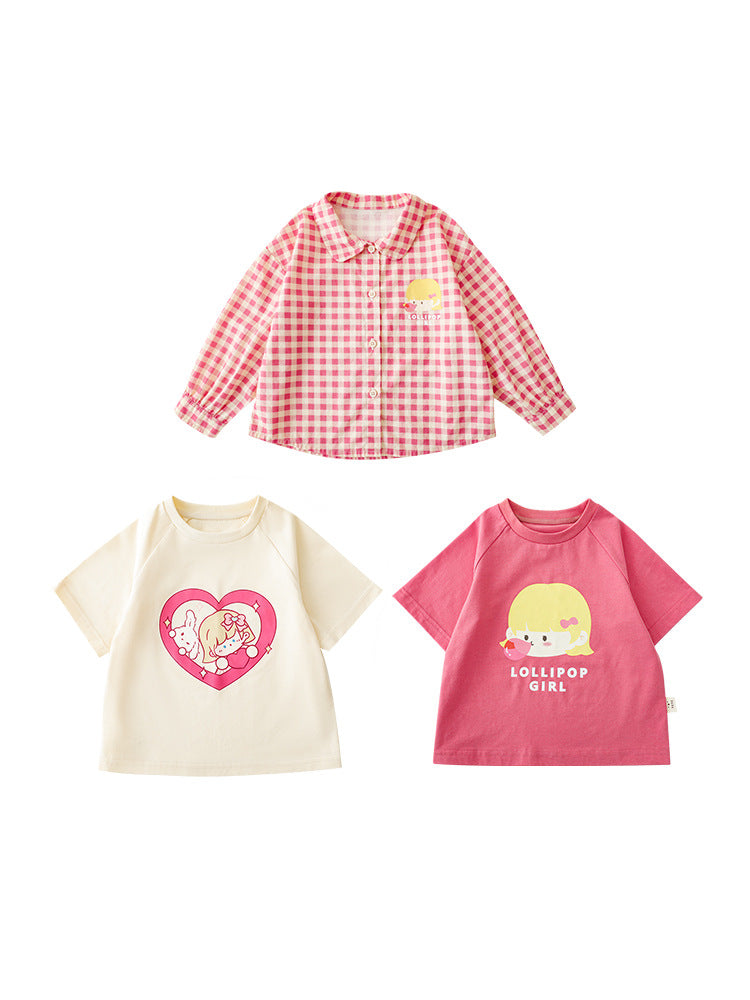 Plaid Summer Cartoon Love Short Sleeve Children's T-shirt
