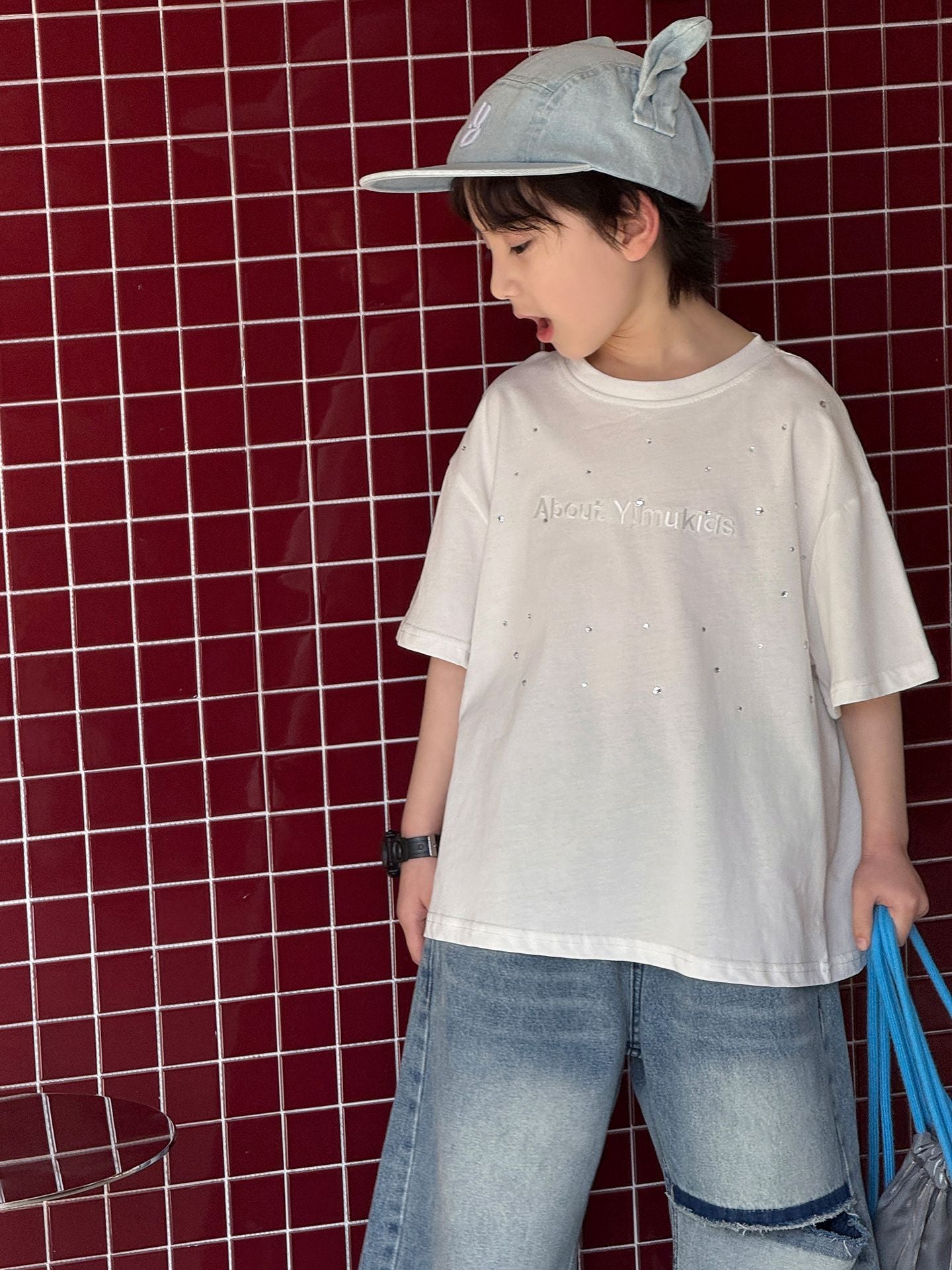 Children's Summer Trendy Top Hot Drilling Craft Round Neck Pullover Leisure Children's T-shirt