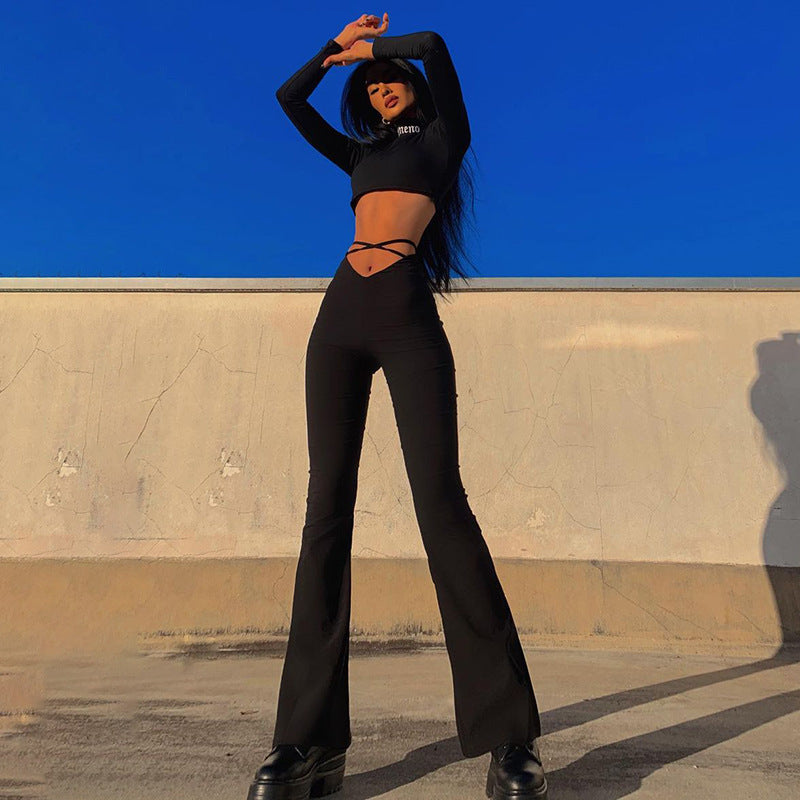 Women's Spring V-shaped Waist Navel Cross Strap Pants