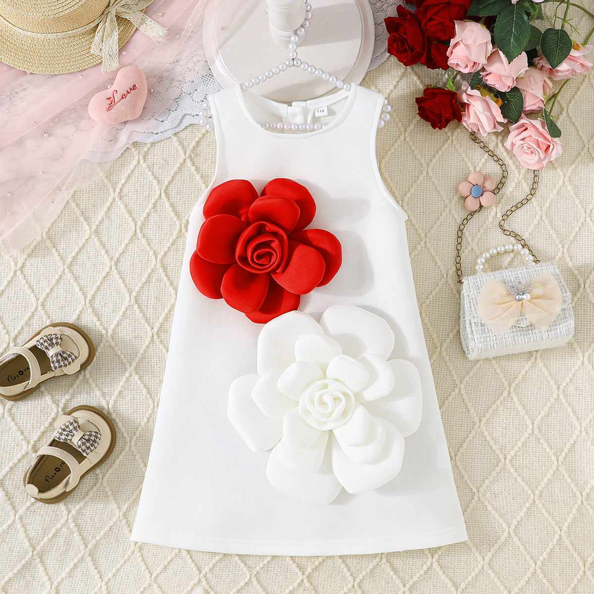 Light Luxury Three-dimensional Red White Flower Vest Children's Dress