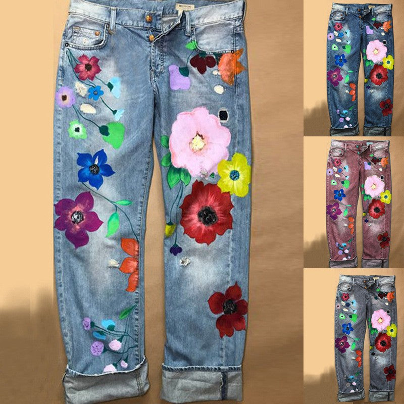 Women's High Quality Blockbusters Exquisite Printing Denim Straight Go Out Pants