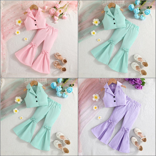 Sleeveless Short Top Solid Color Bow Flared Pants Two-piece Children's Suit