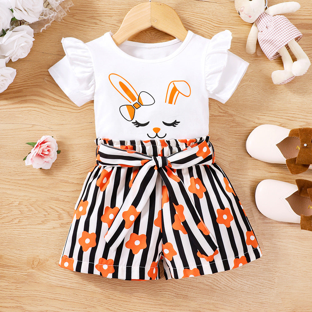 Children's Clothing Summer Cartoon Rabbit Print Striped Children's Suit
