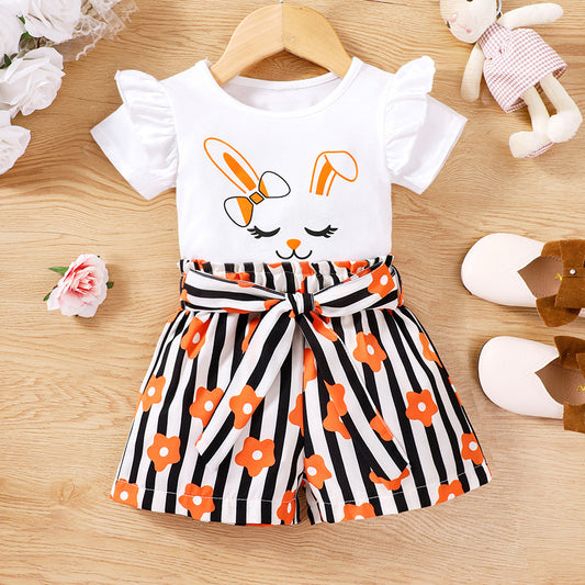 Children's Clothing Summer Cartoon Rabbit Print Striped Children's Suit